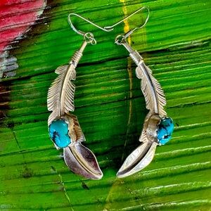 Silver Feather Earrings with Turquoise Accents